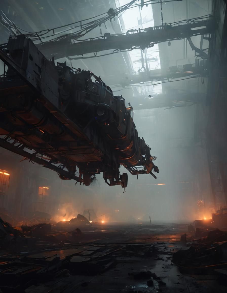 Cyberpunk Mech in Abandoned Hangar: Digital Painting