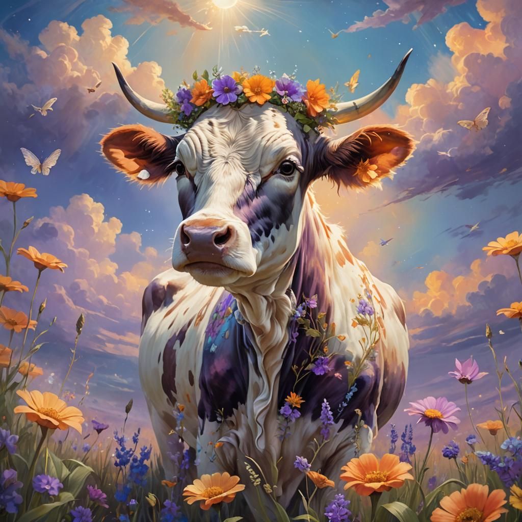 Winged Cow in Ethereal Fantasy Landscape