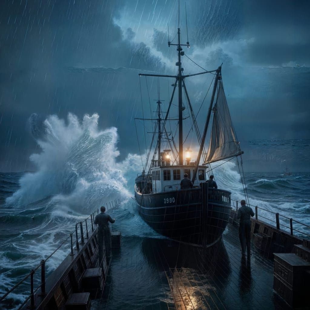 Fishing Trawler Battles Colossal Storm on Turbulent Ocean
