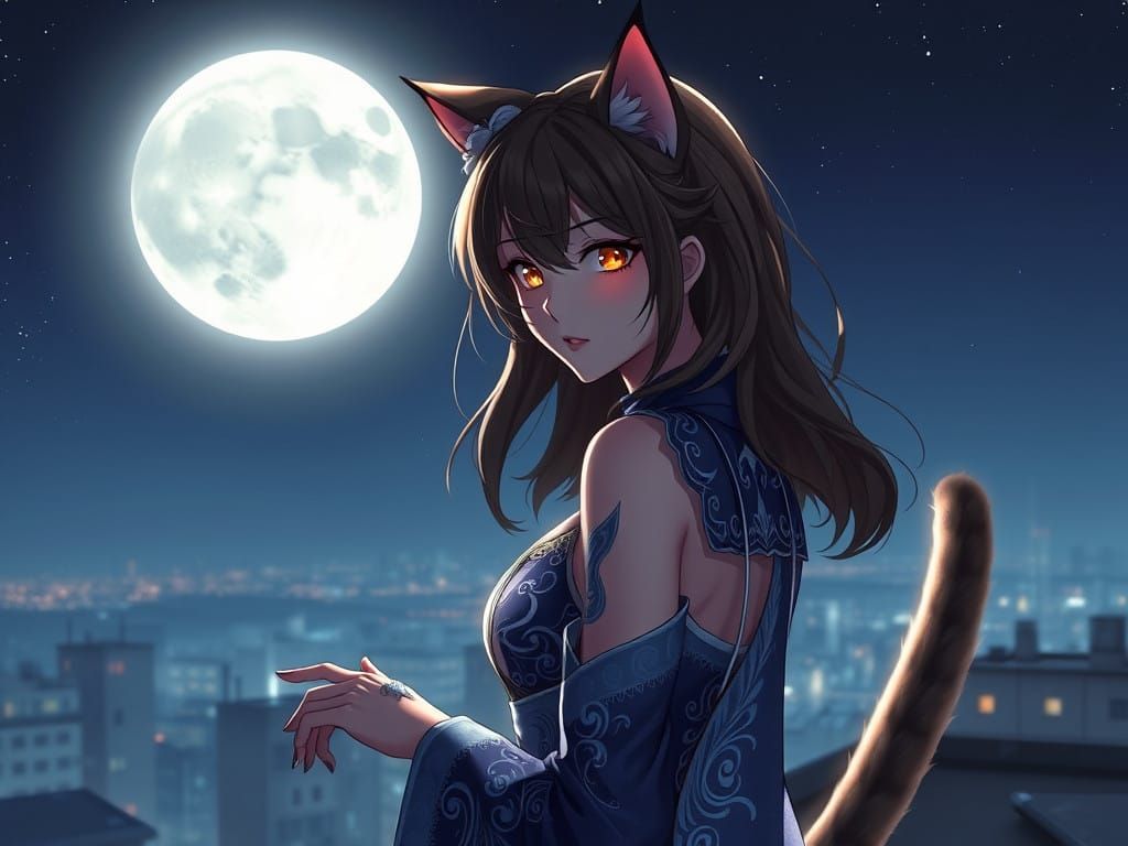 Catgirl Under Full Moon