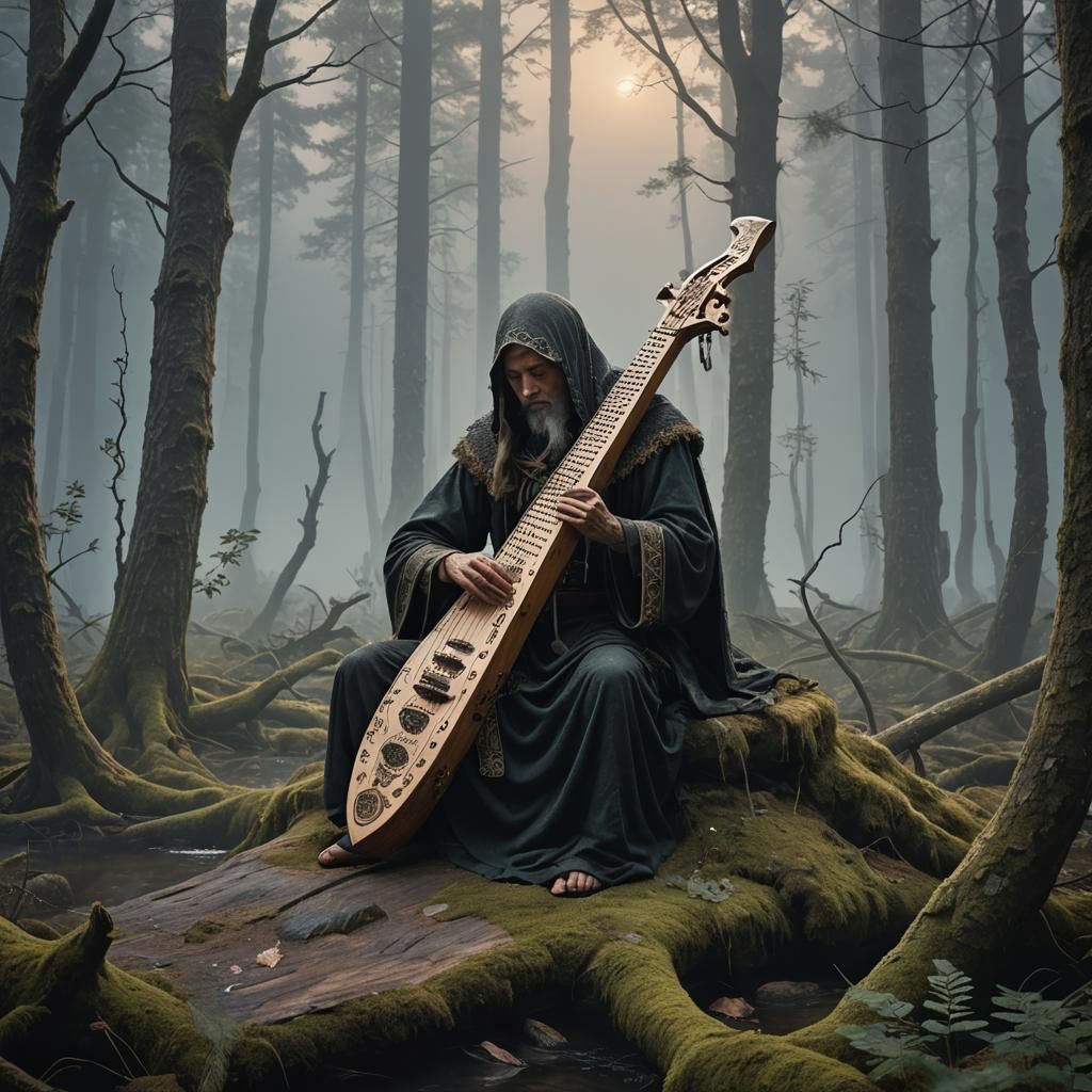 Mythical Kantele in Finnish Forest at Dusk