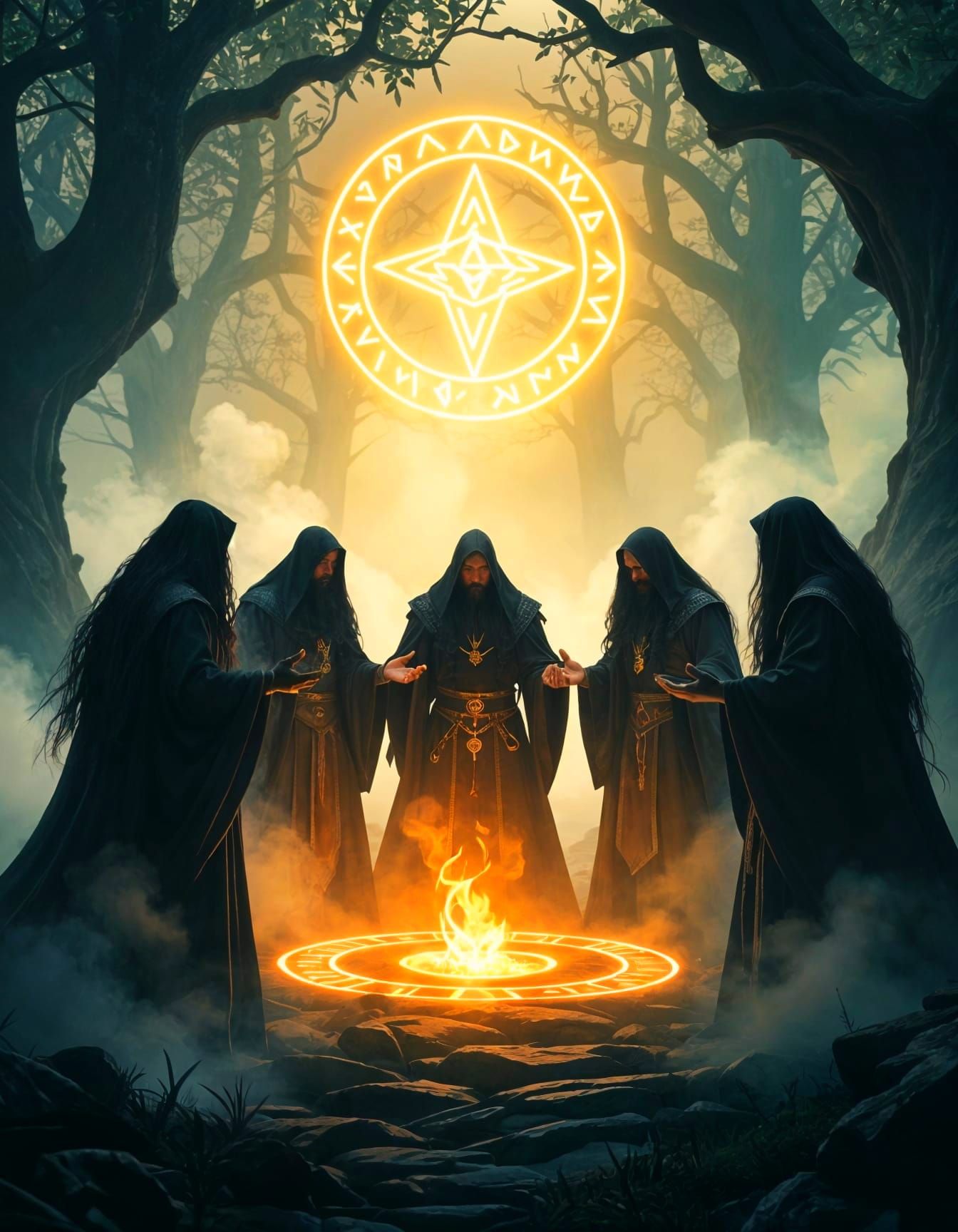 Majestic Male Witches Gather in Magical Scene
