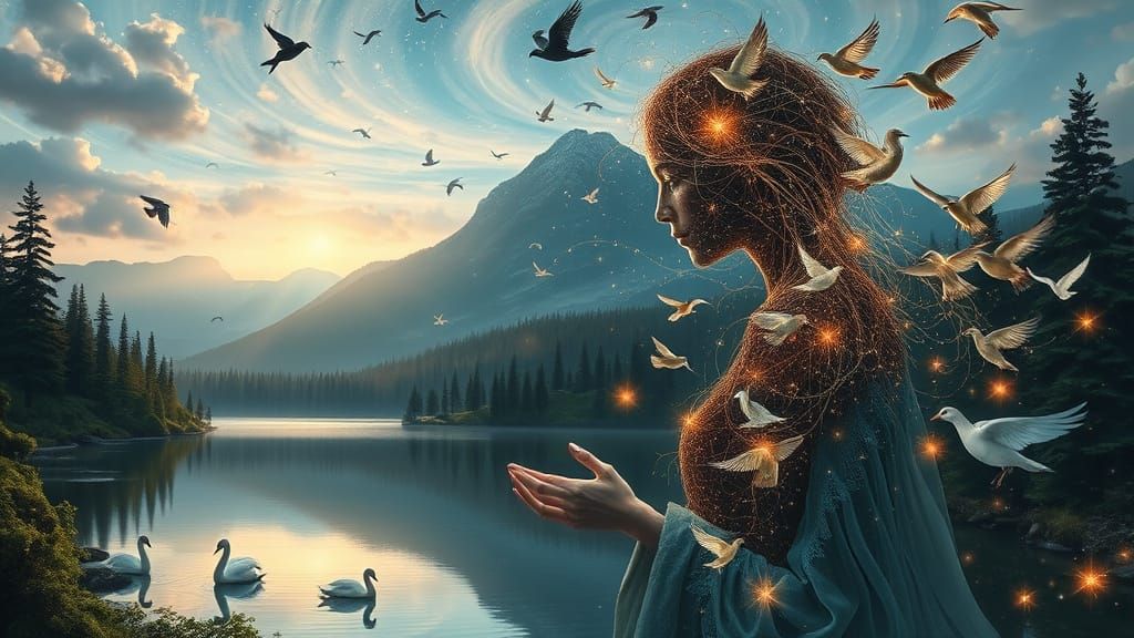 Ethereal Woman of Birds and Stars in Cosmic Landscape