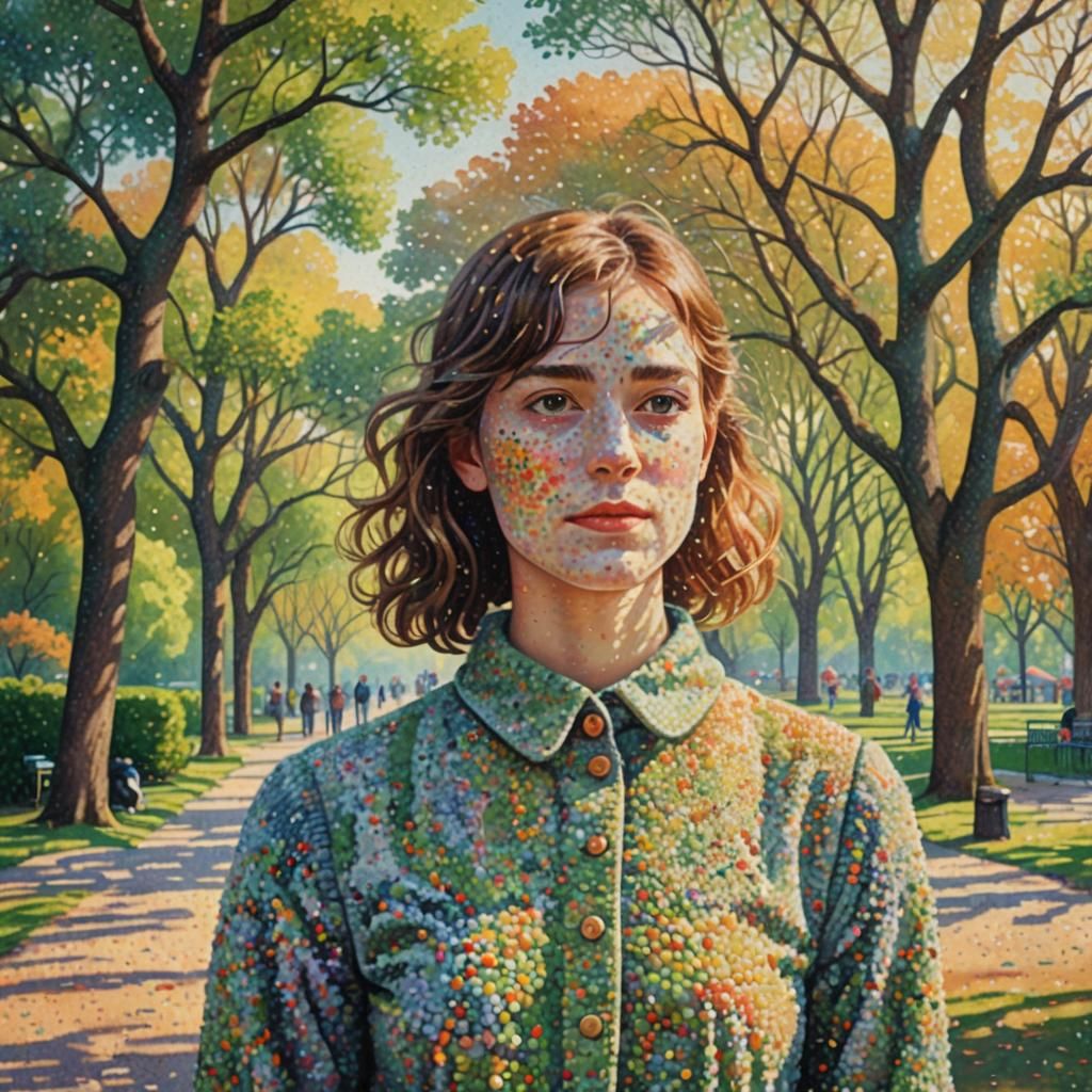 Pointillist Portrait in a Park with Shimmering Colors