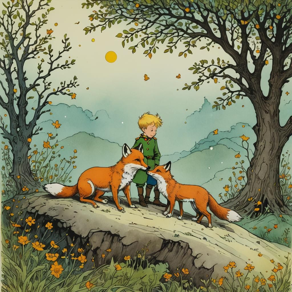 The Little Prince and the Fox in Pen and Ink