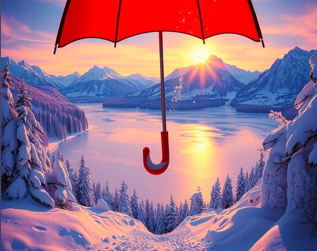 Snowy Mountains in Umbrella, Graffiti Splash Art