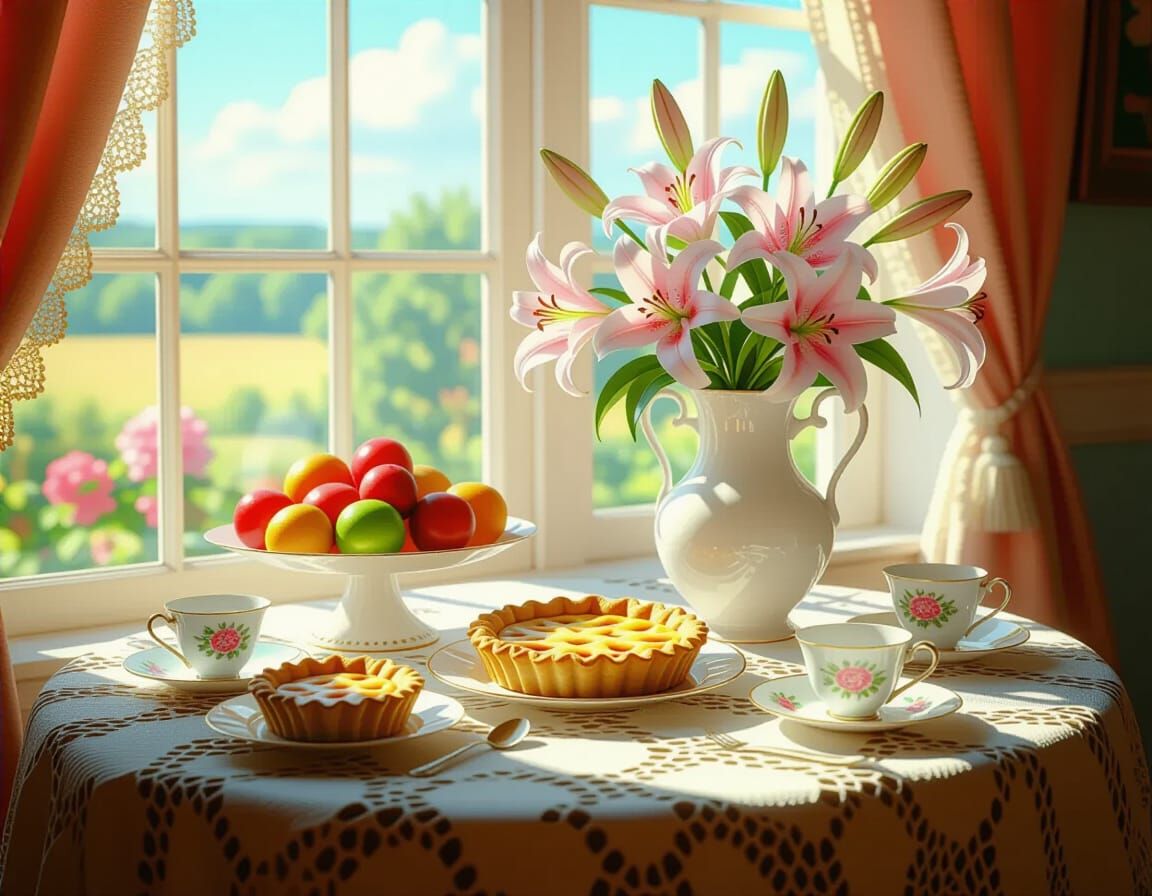 Hyperrealistic Still Life with Fruit and Lilies