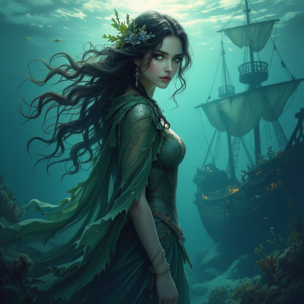 Ethereal Mermaid Watching Sunken Ship, Art Nouveau Style