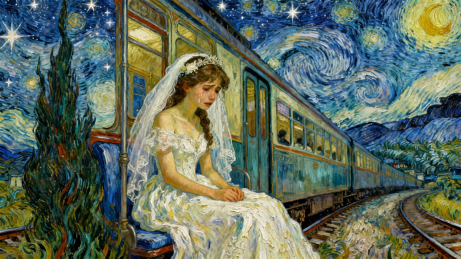 Crying Bride on Train in Starry Night Sky