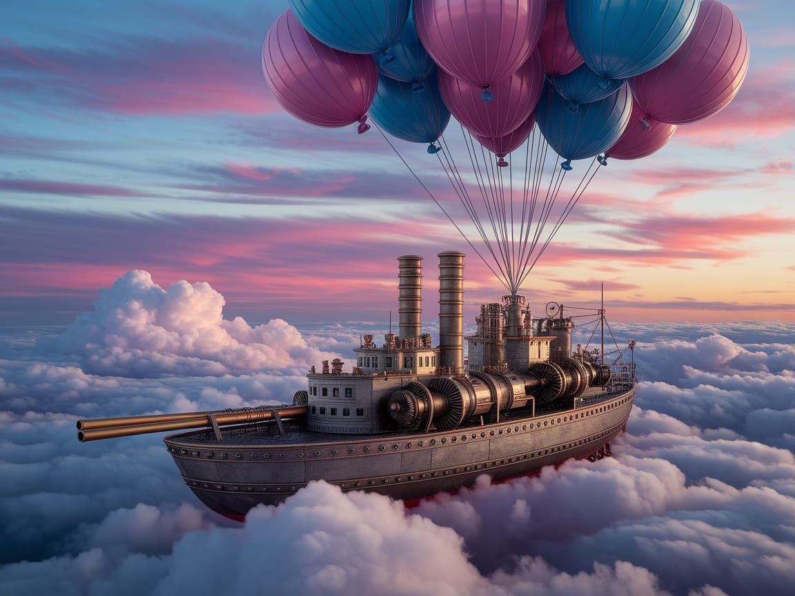 Steampunk Battleship Floating with Balloons in Pastel Sky