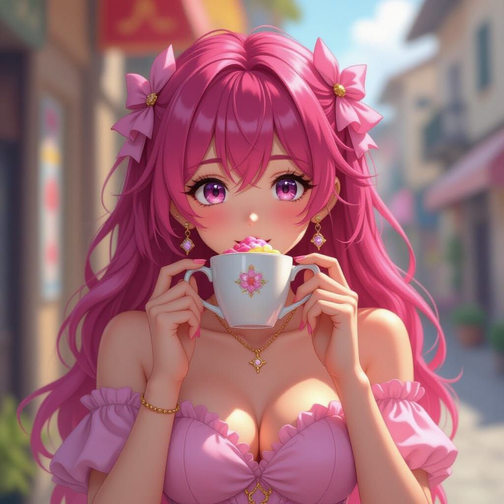 Anime Girl with Pink Hair Eating Lollipop