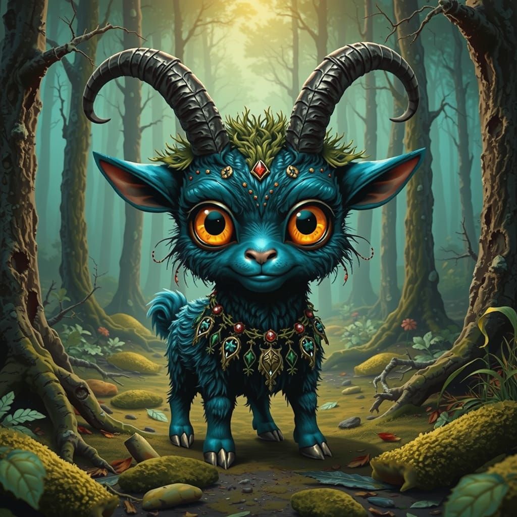 Chibi Demon Goat in Psychedelic Forest Art