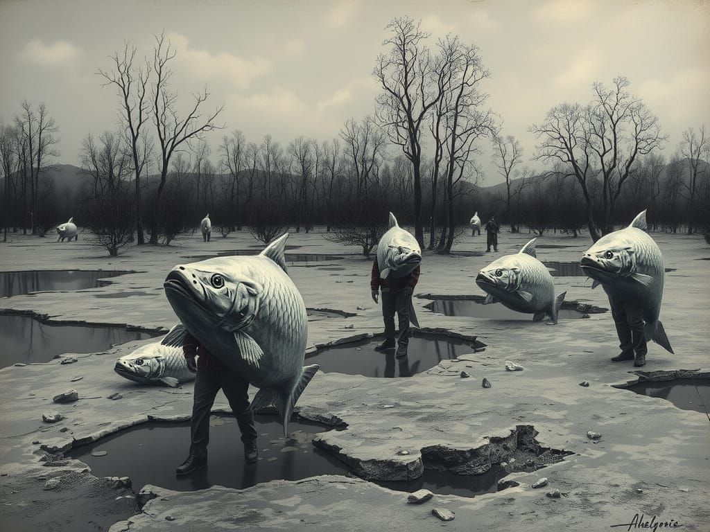 Surreal Silver Fish People in Monochromatic Landscape