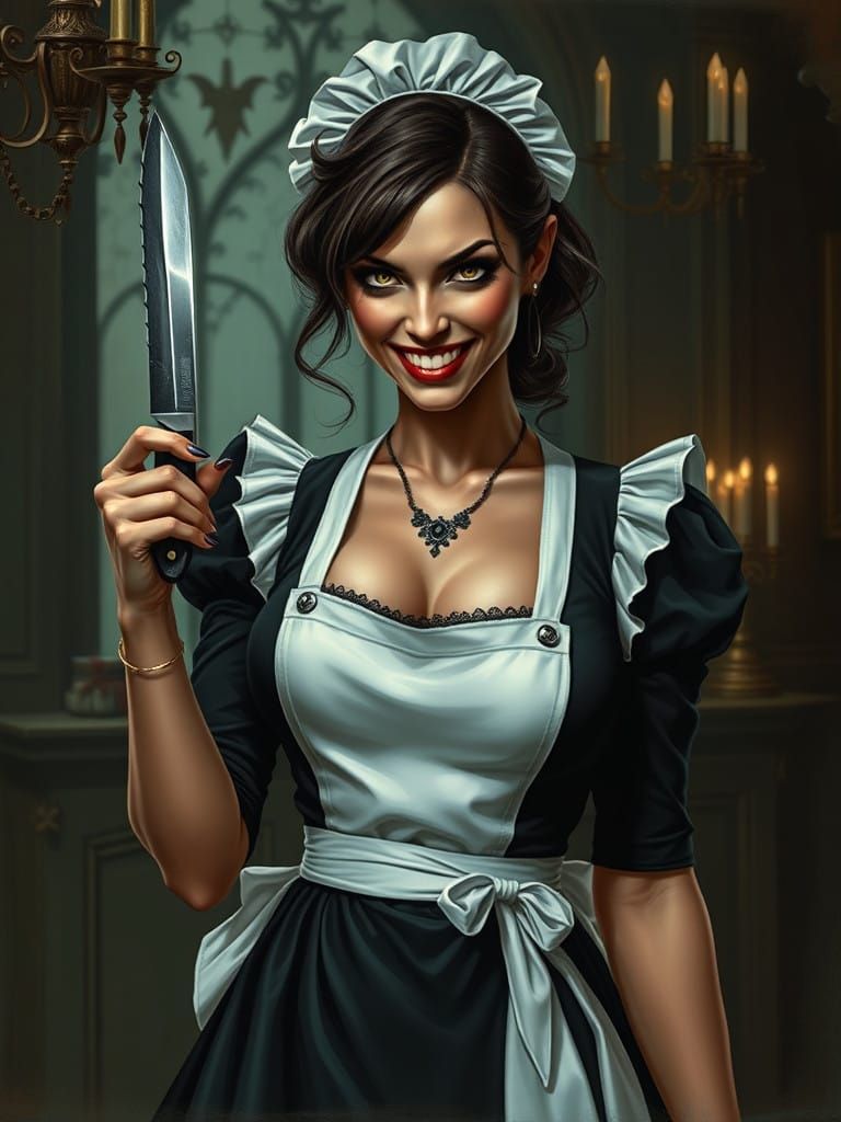 Alluring slasher killer dressed as a French maid and wielding a knife. Beautiful. Evil grin.