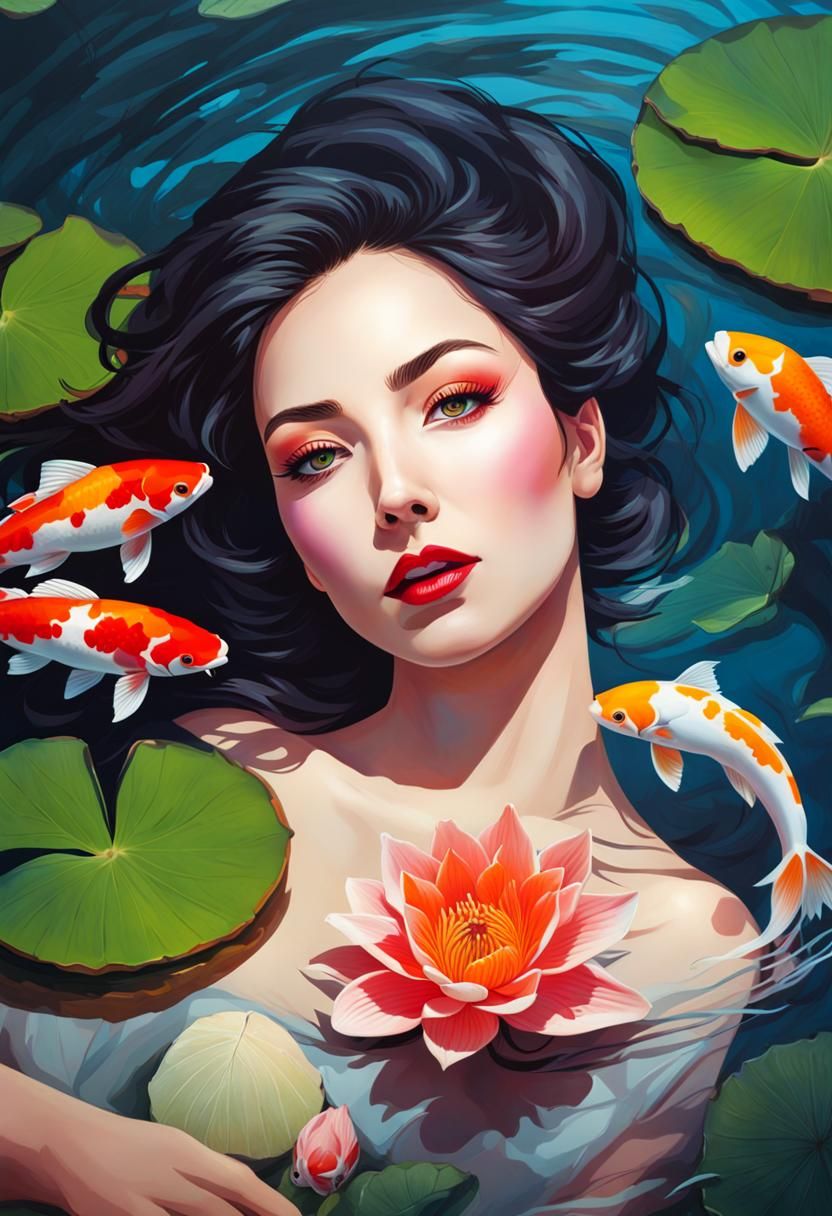 Woman in Koi Pond: Hyperrealistic Acrylic Portrait