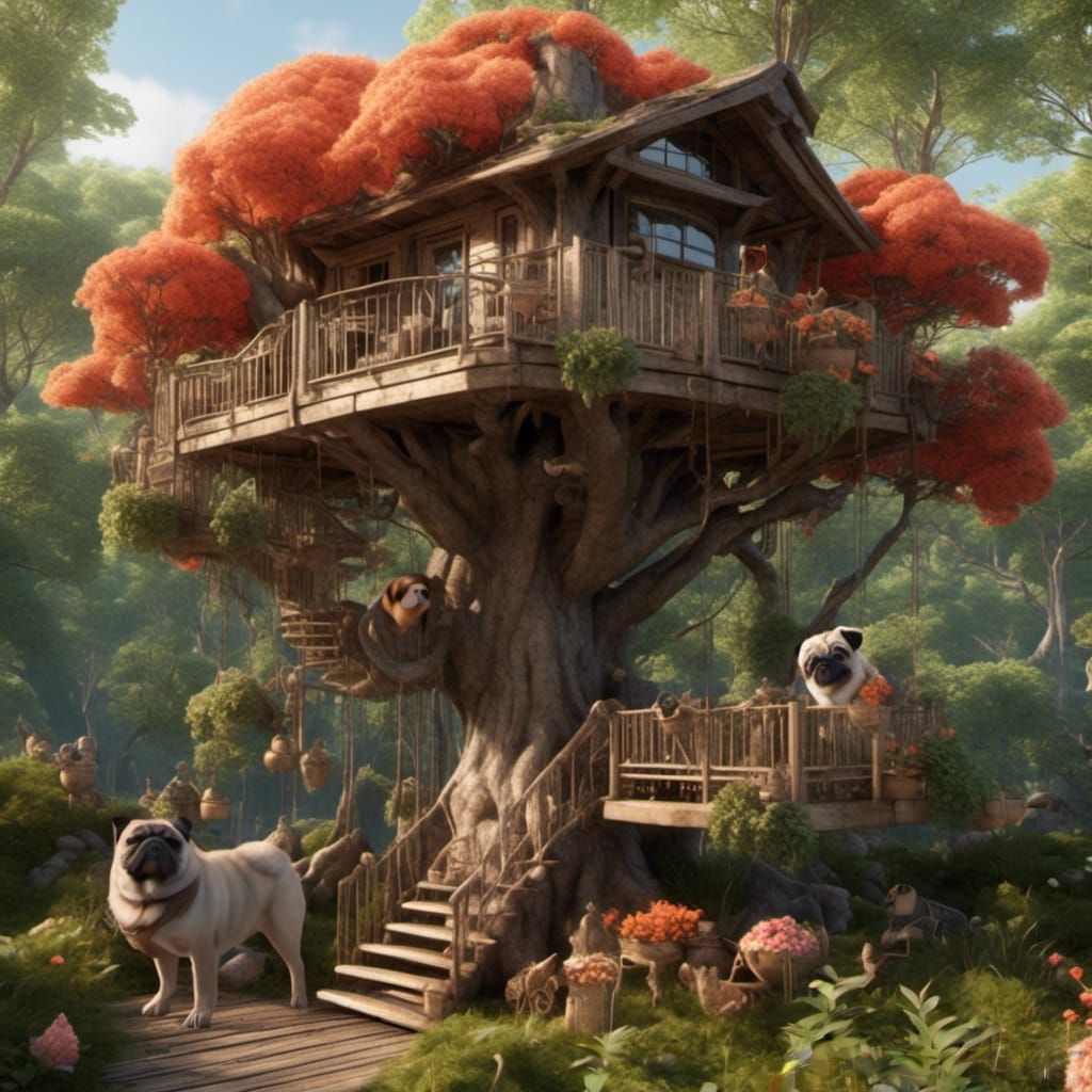 Pugs Relaxing on Floral Treehouse Porch