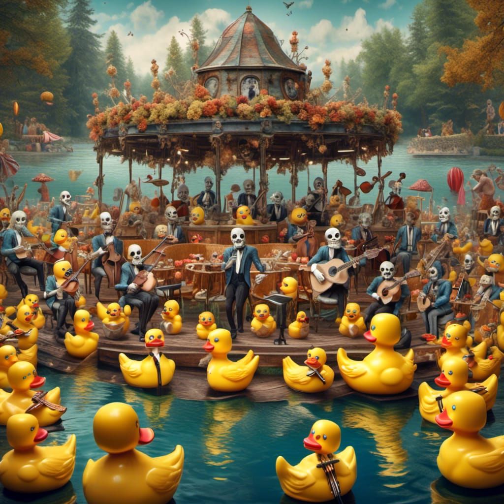 Skeleton Band Rocks Duck Crowd in Hyperrealistic Detail
