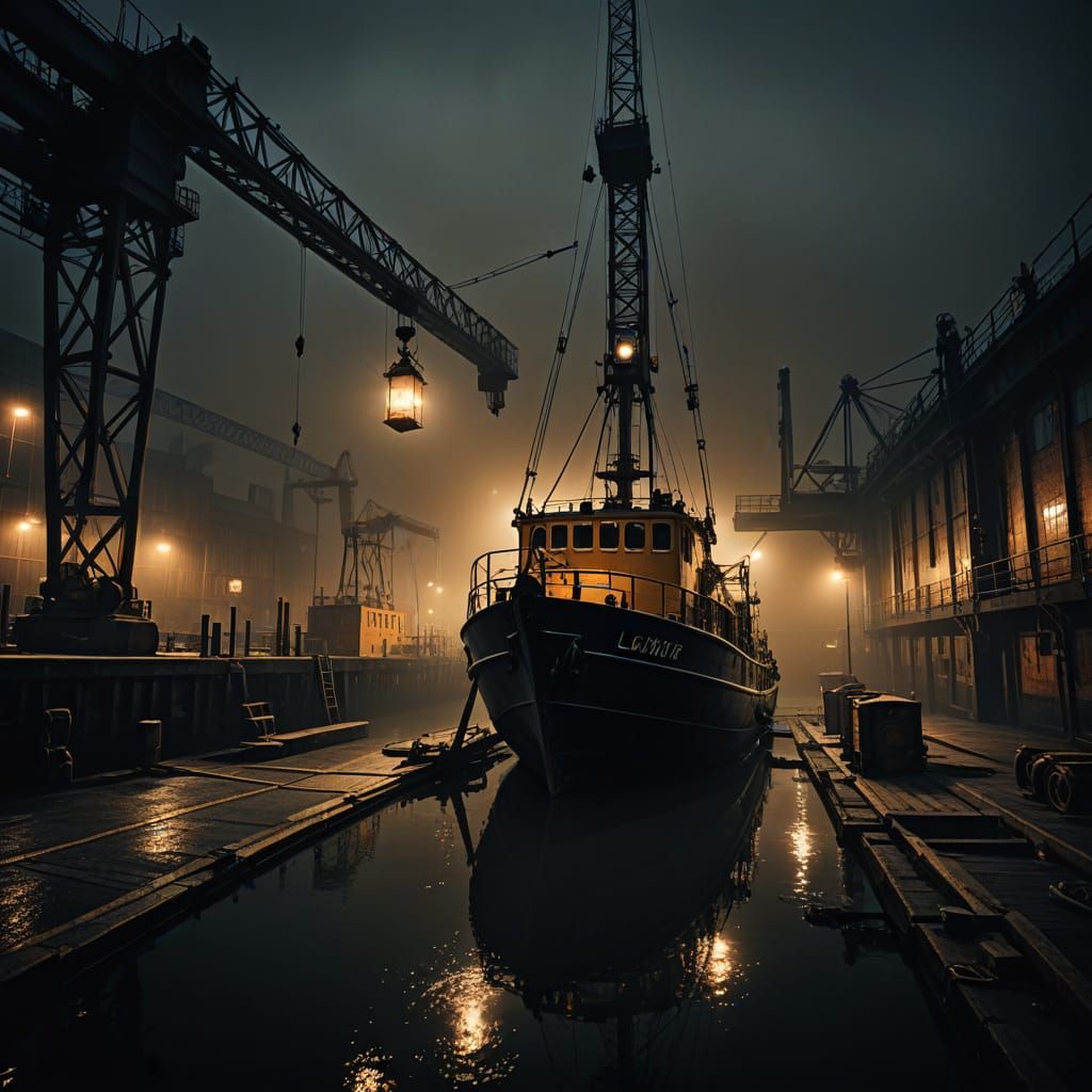 Dark London Docks Under Sinister Fog