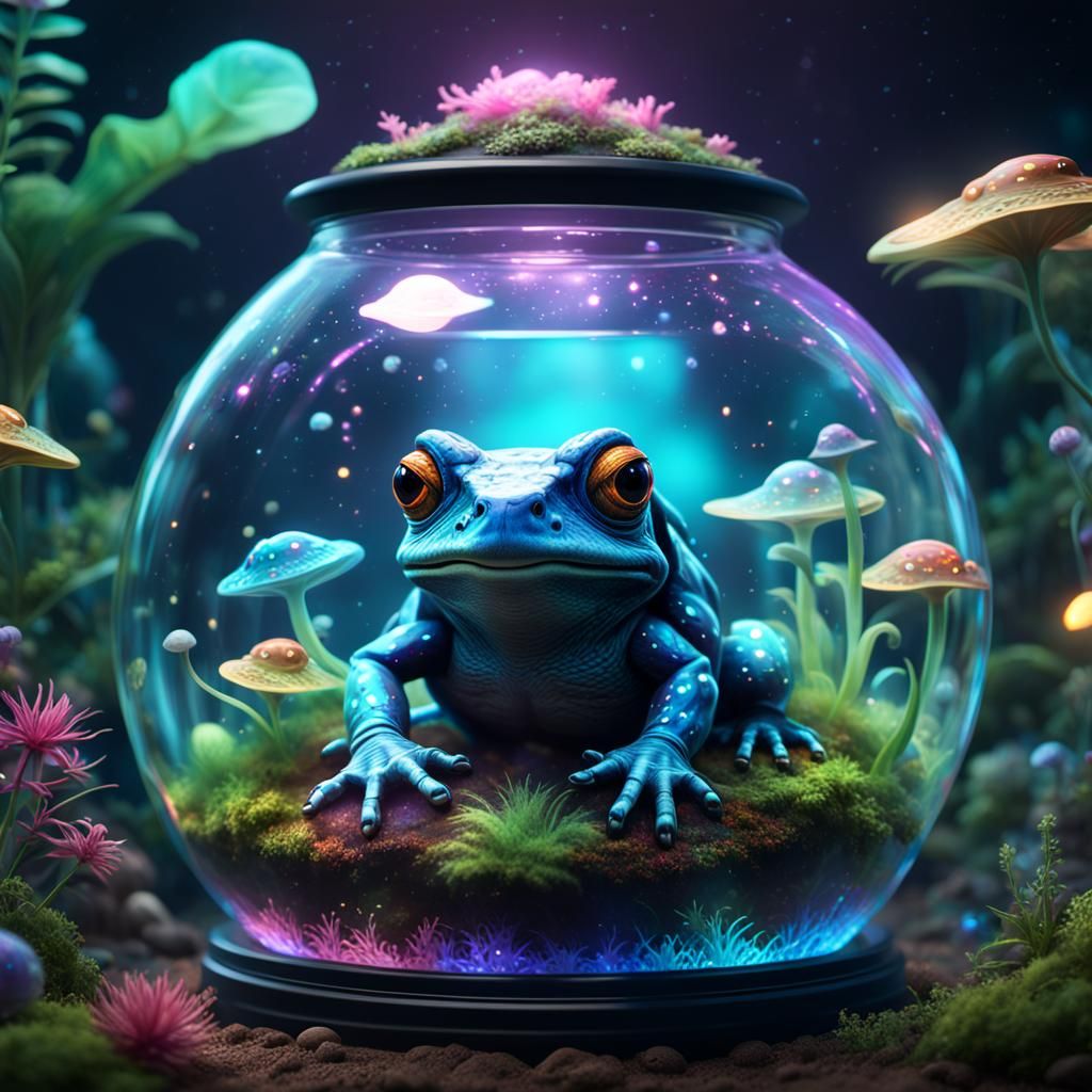 Bioluminescent Alien Toad in Holographic Terrarium