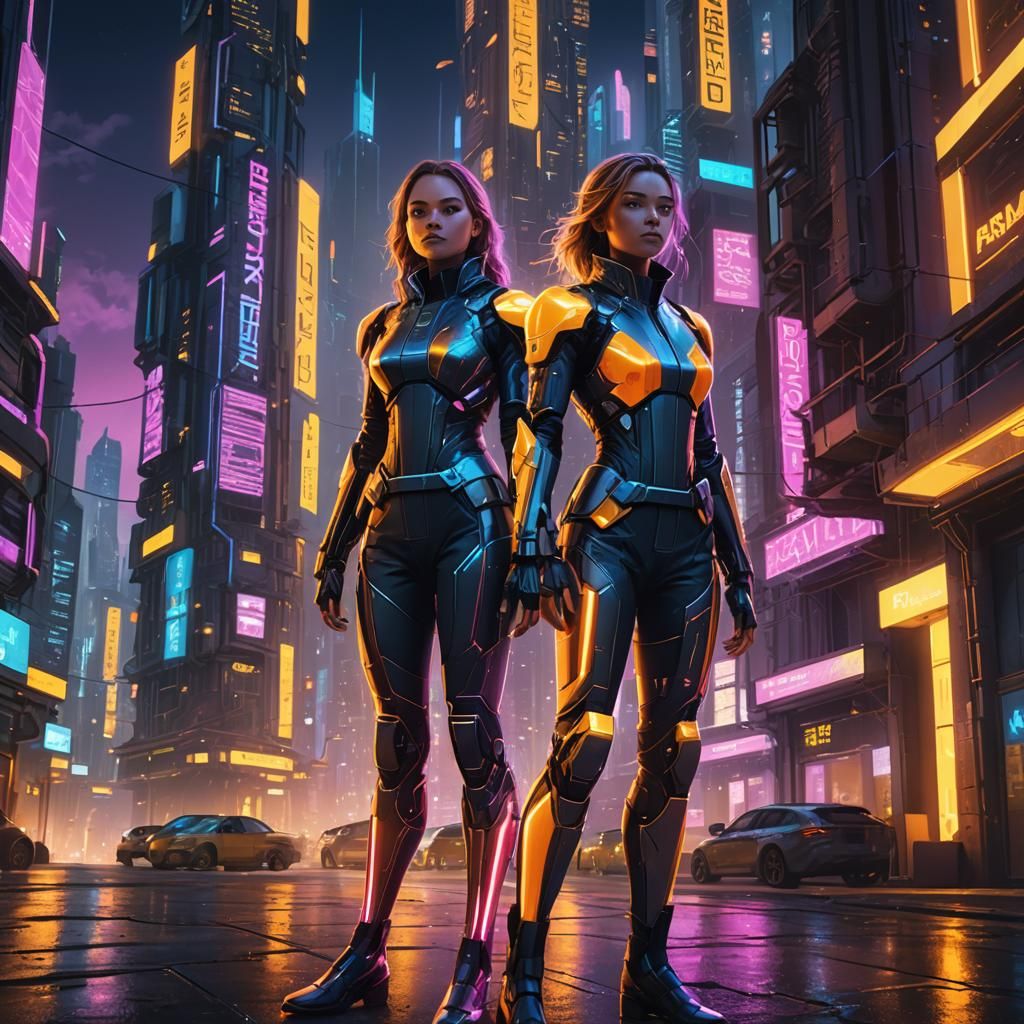 Futuristic Girl in Neon Cityscape Concept Art