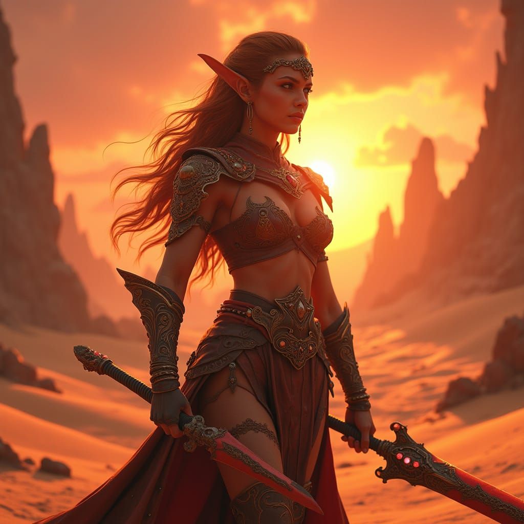 Red Elf Warrior in Sun-Scorched Desert Landscape