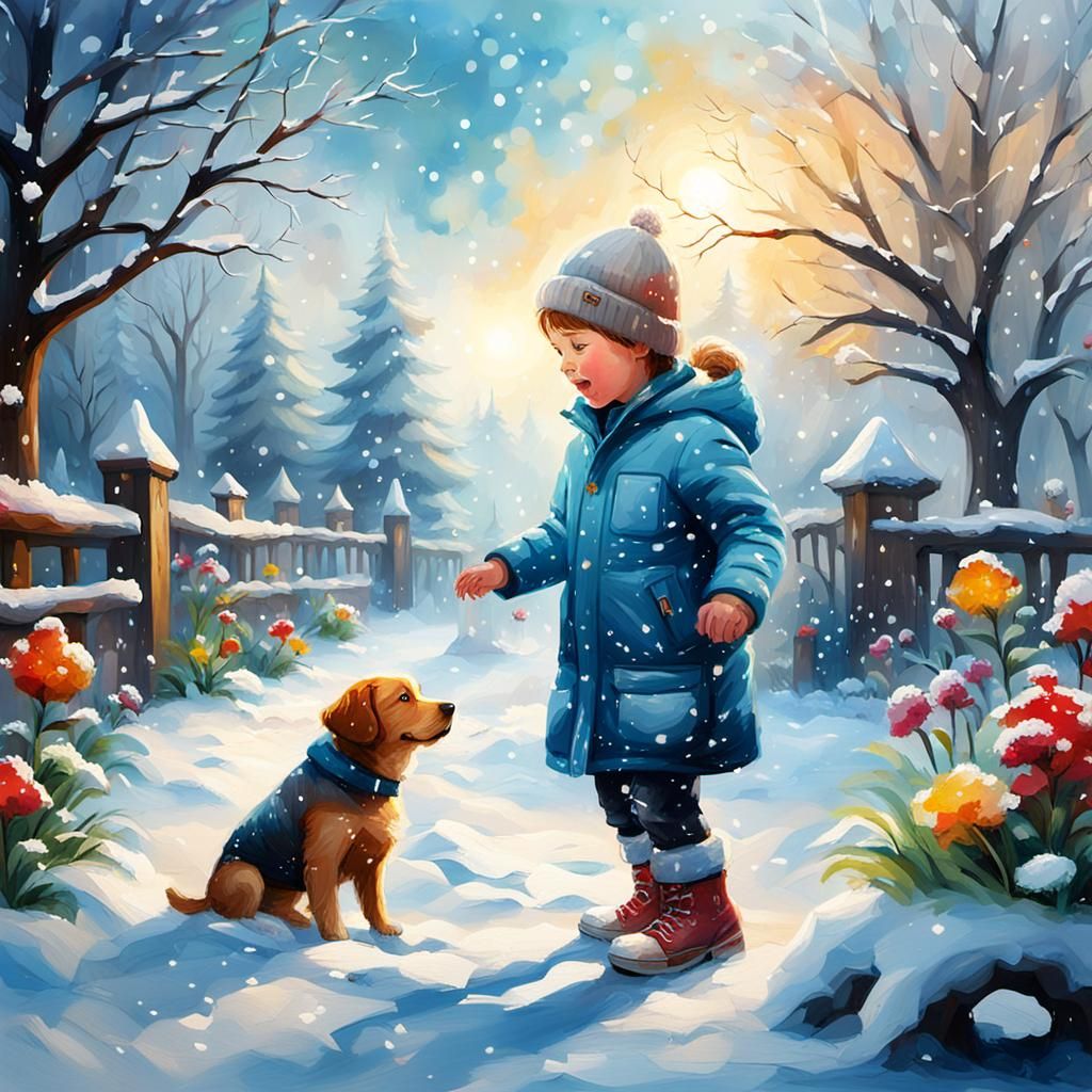 Magical Winter Garden Scene: Child and Dog in 3D