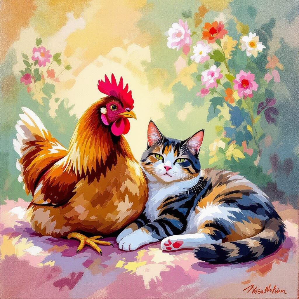 Chicken and Cat Together in Sunlit Impressionist Style