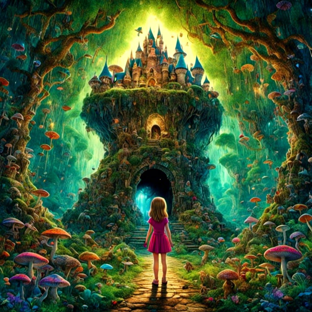 Girl at Floating Door in Van Gogh Storybook Forest