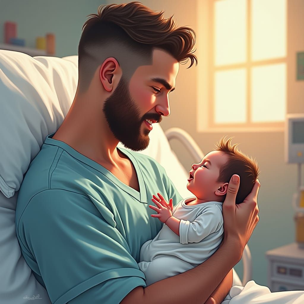 Father and Newborn in Hospital, Cozy Realism