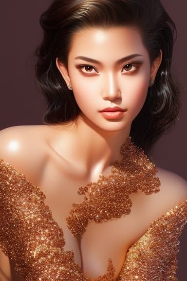 Glittering Honey Woman Portrait with Dripping Paint