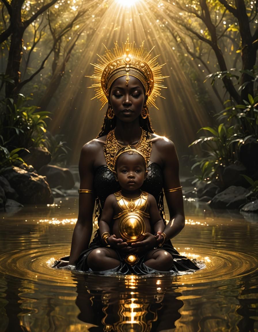 Black Goddess with Baby in Sacred Art Style