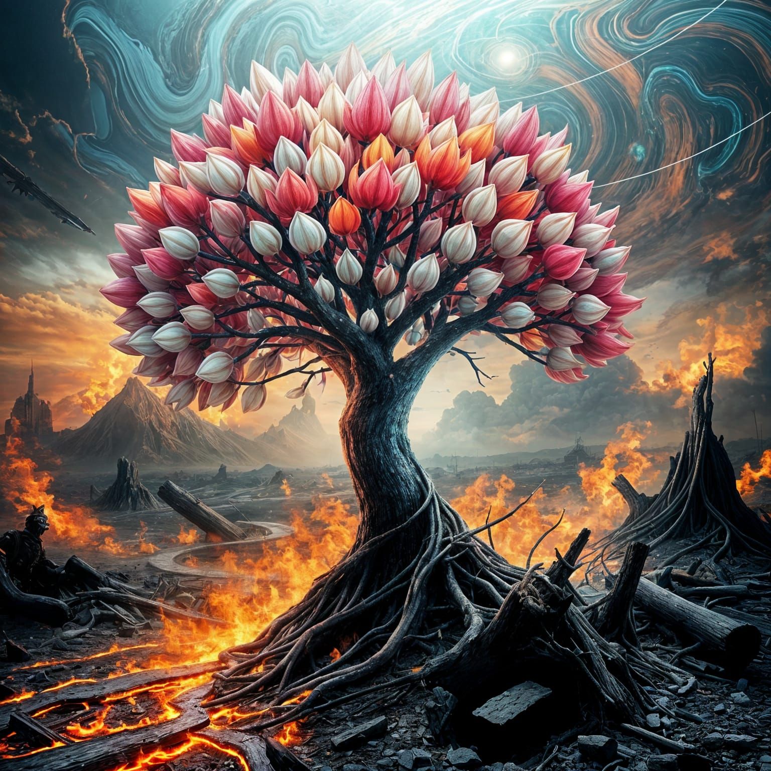 Vibrant Surreal Tree Blossoms in Dystopian Ash World
