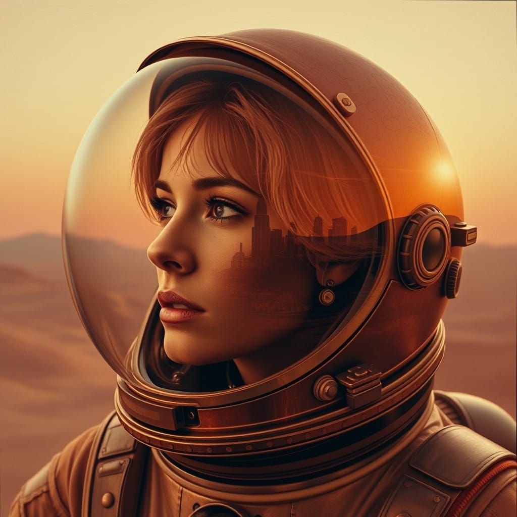 Dystopian Female Astronaut in Pyrography Style