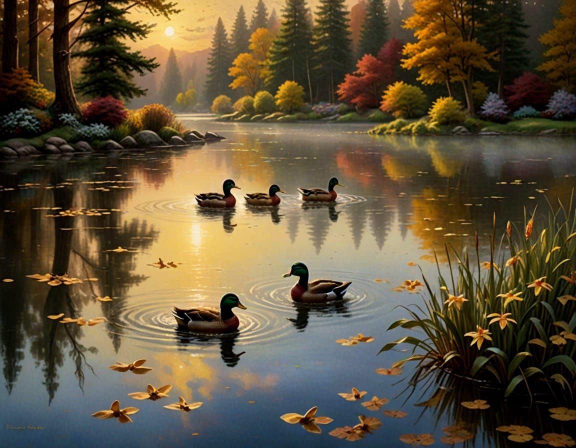 Ducks on Golden Pond at Dusk in Thomas Kinkade Style