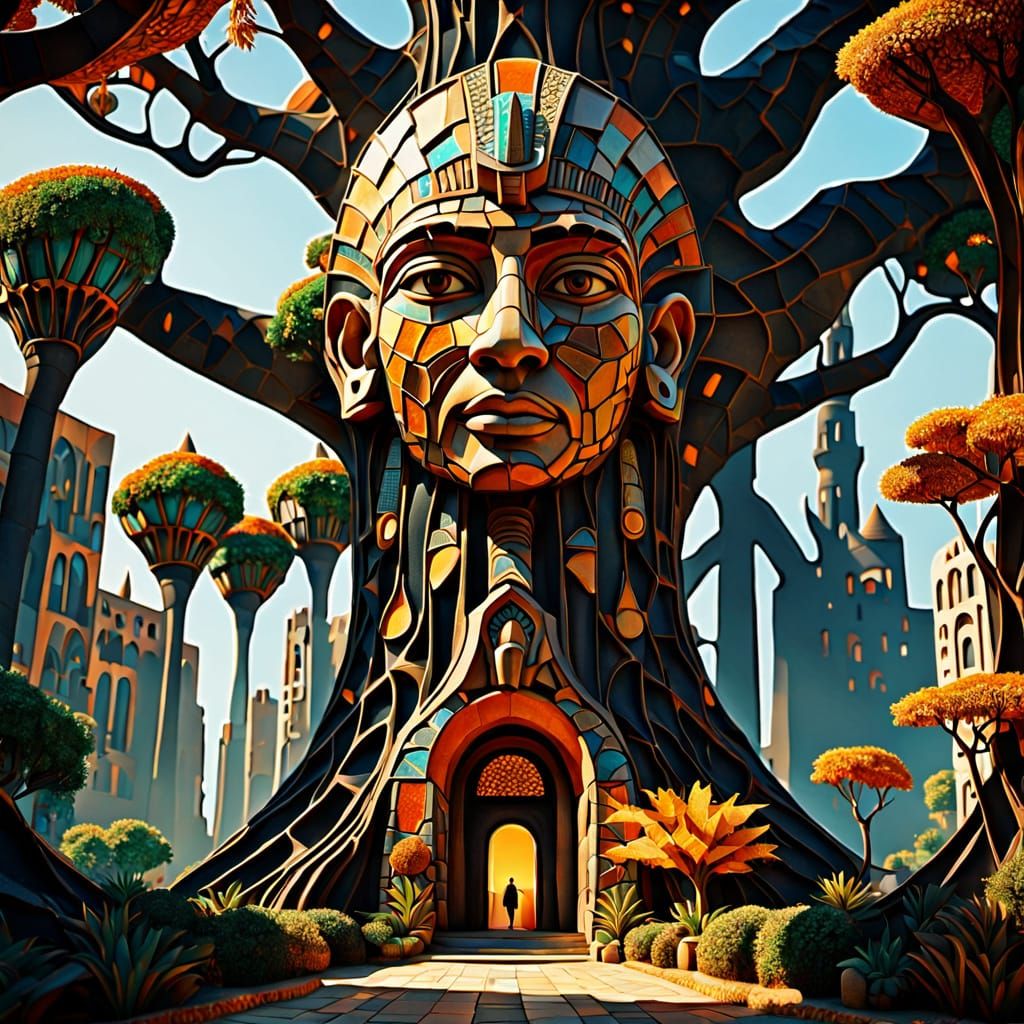 Surreal Egyptian Cityscape in Gaudi Mosaic Style