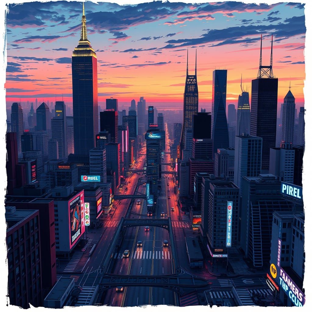 Futuristic Cityscape in Vibrant Colors and Neon Lights