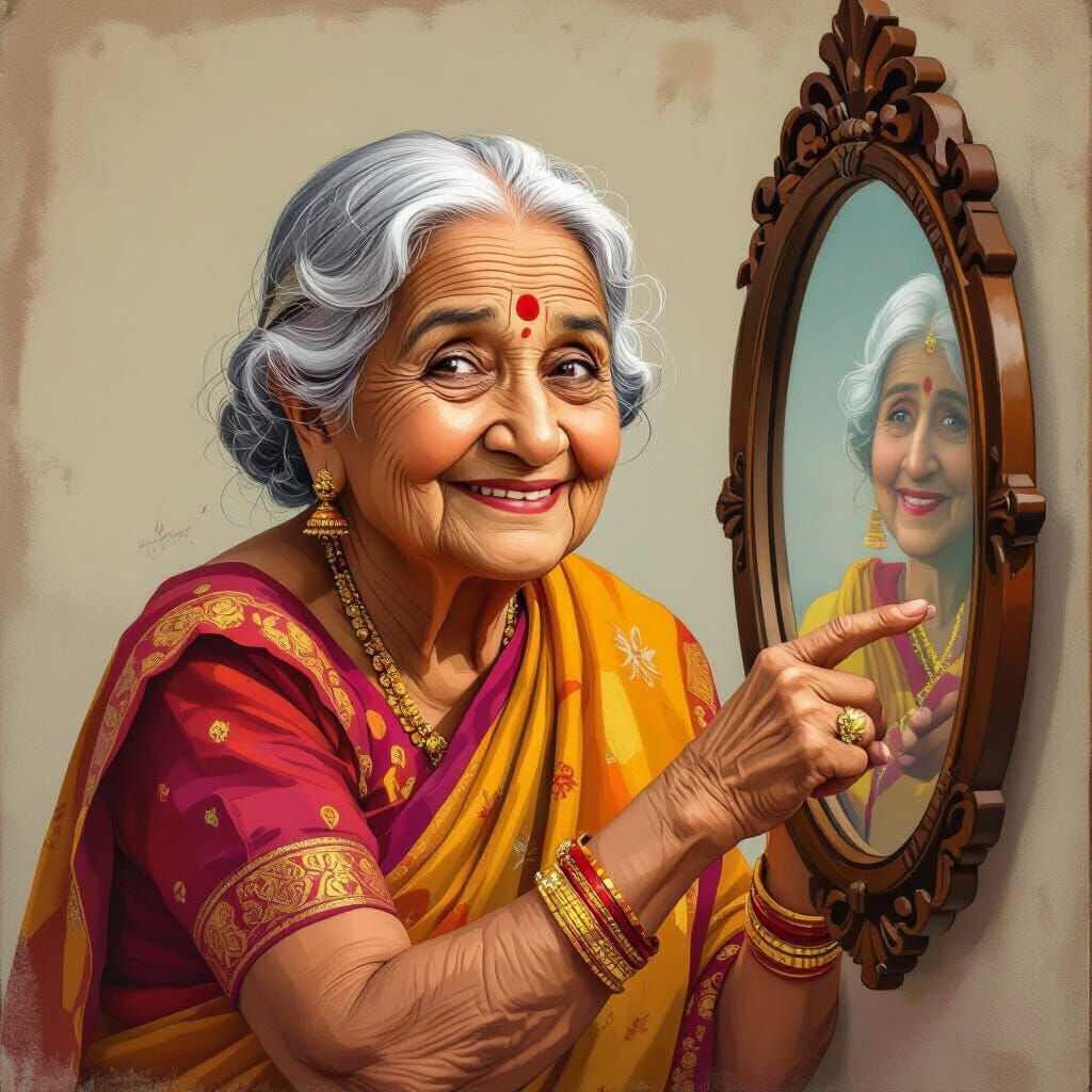 Grandmother's Reflection: Whimsical Cartoon Portrait