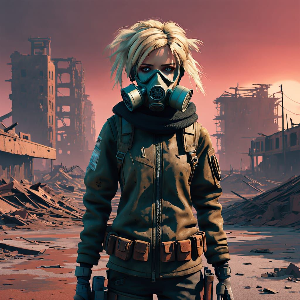 Cyberpunk Post-Apocalyptic Warrior in Ruins