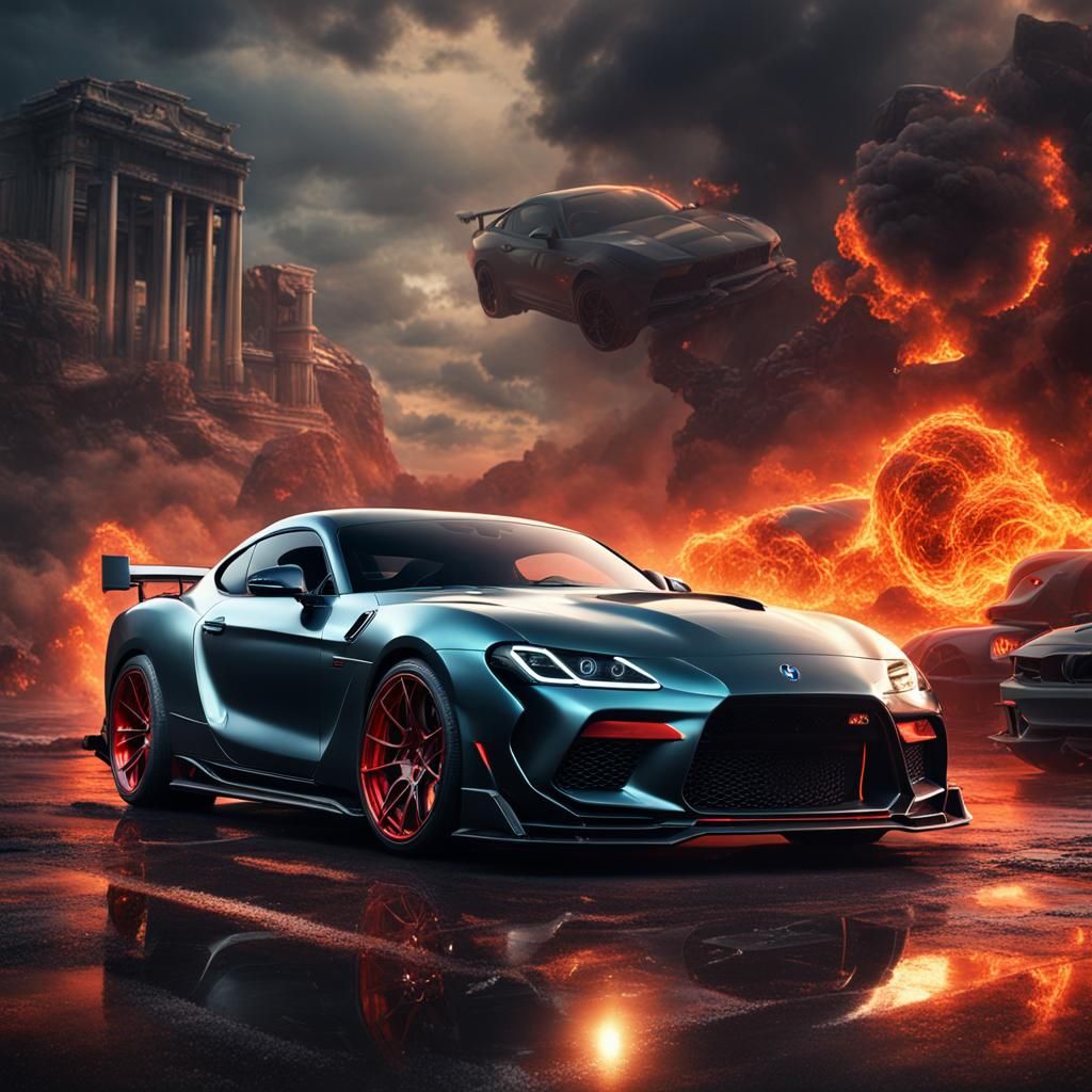 Fiery Sports Car Extravaganza: Digital Matte Painting