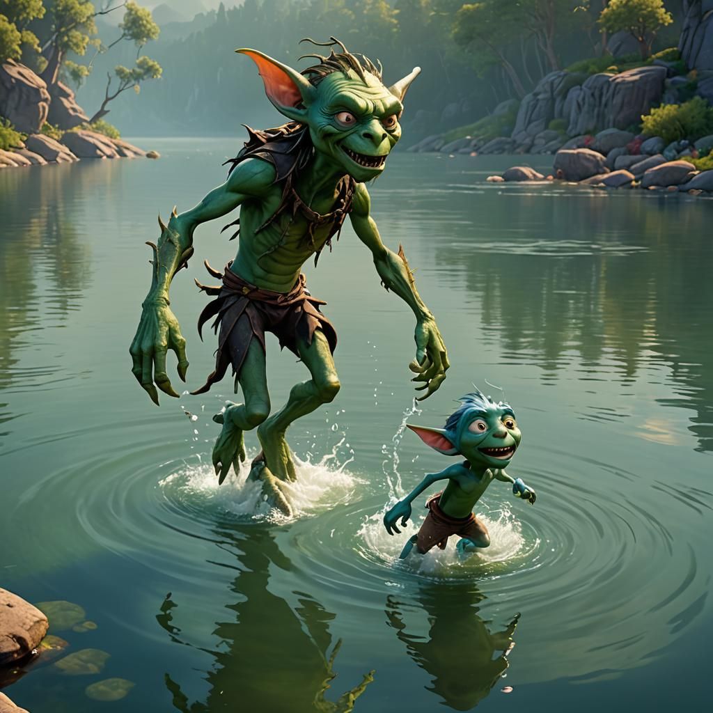 Water Goblin Emerges from Lake: 3D Digital Art