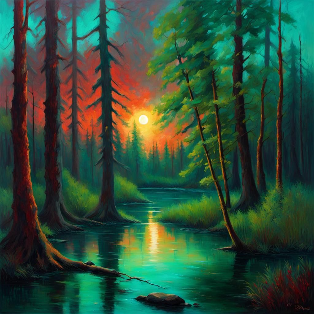 Vibrant Moonlit Forest Sunset Painting