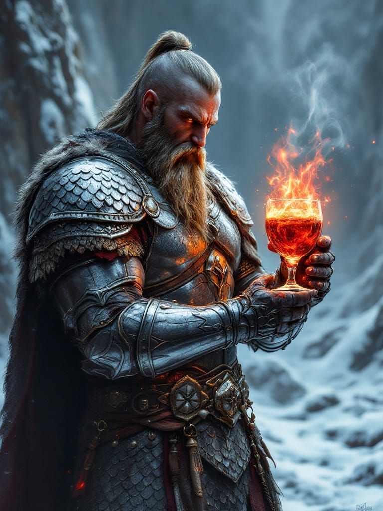 Viking Warrior with Fiery Lava Wine in Snowy Landscape