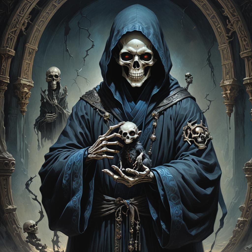 Death with Glowing Eyes Holding Chibi Rat