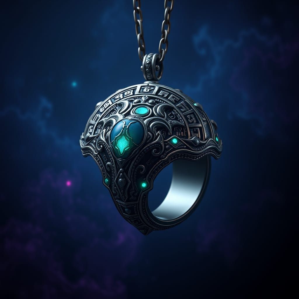 Otherworldly Alien Ring Pendant with Glowing Runes
