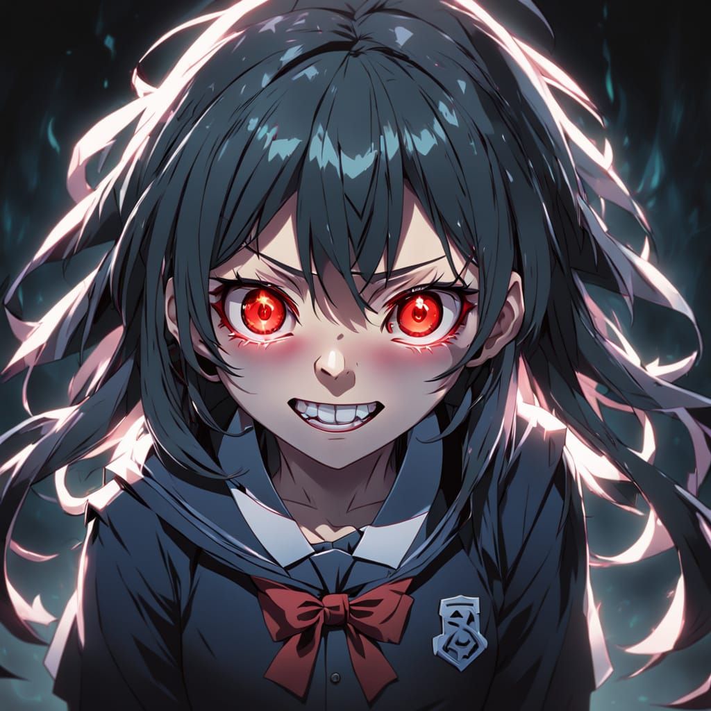 Possessed Schoolgirl with Glowing Eyes in Anime Style