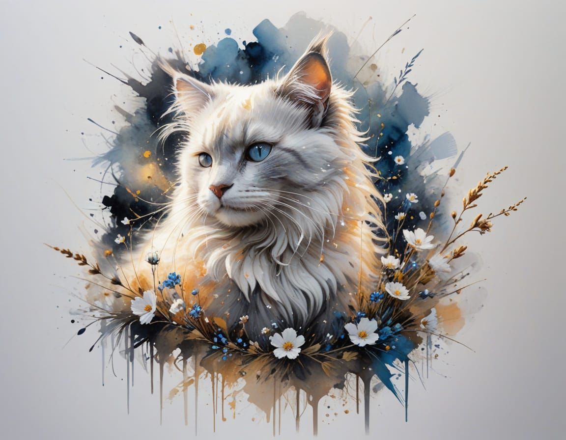 Angora Cat on Flower Branch in Soft Pastel Watercolor