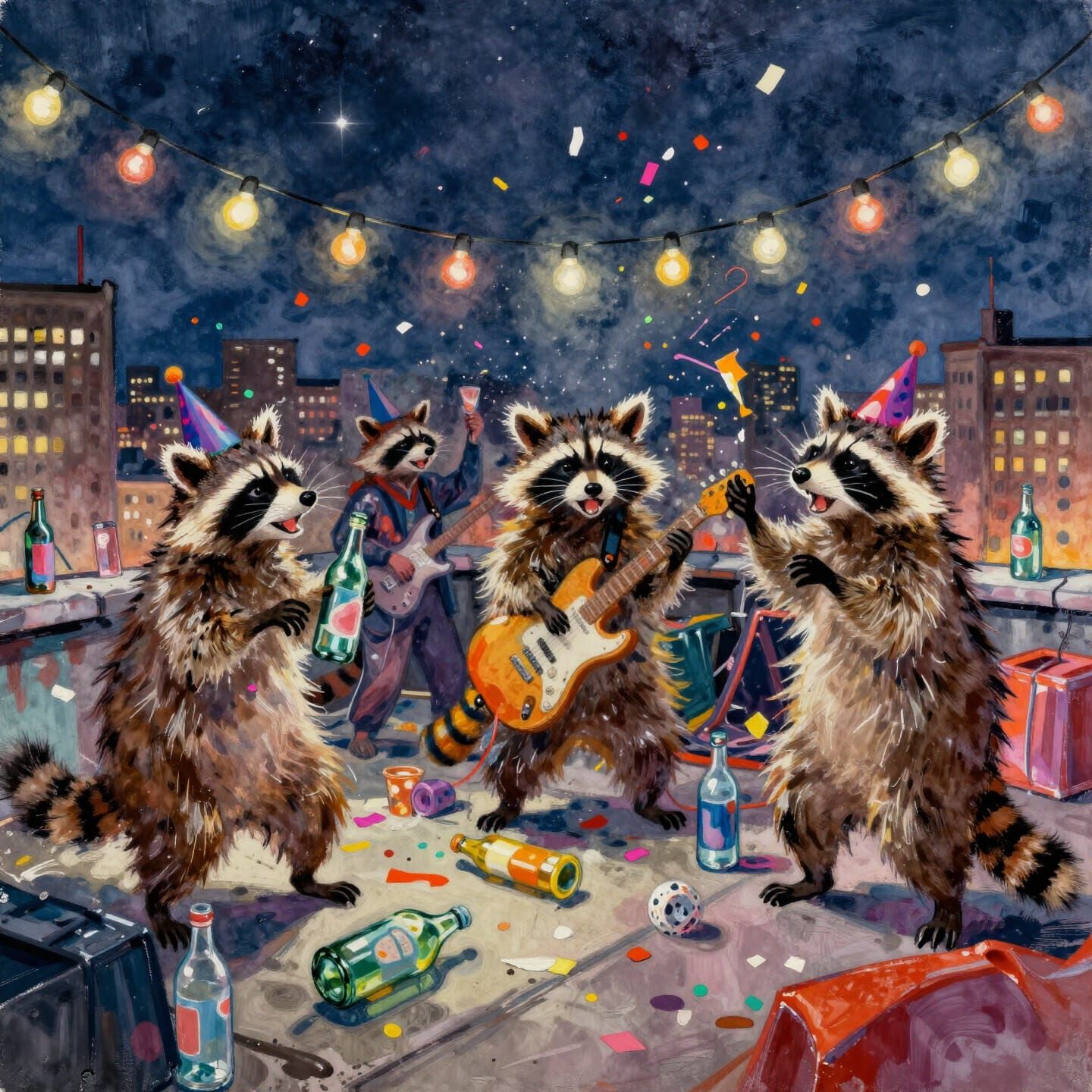 Raccoons Host Joyful Rooftop Party in Gouache Style