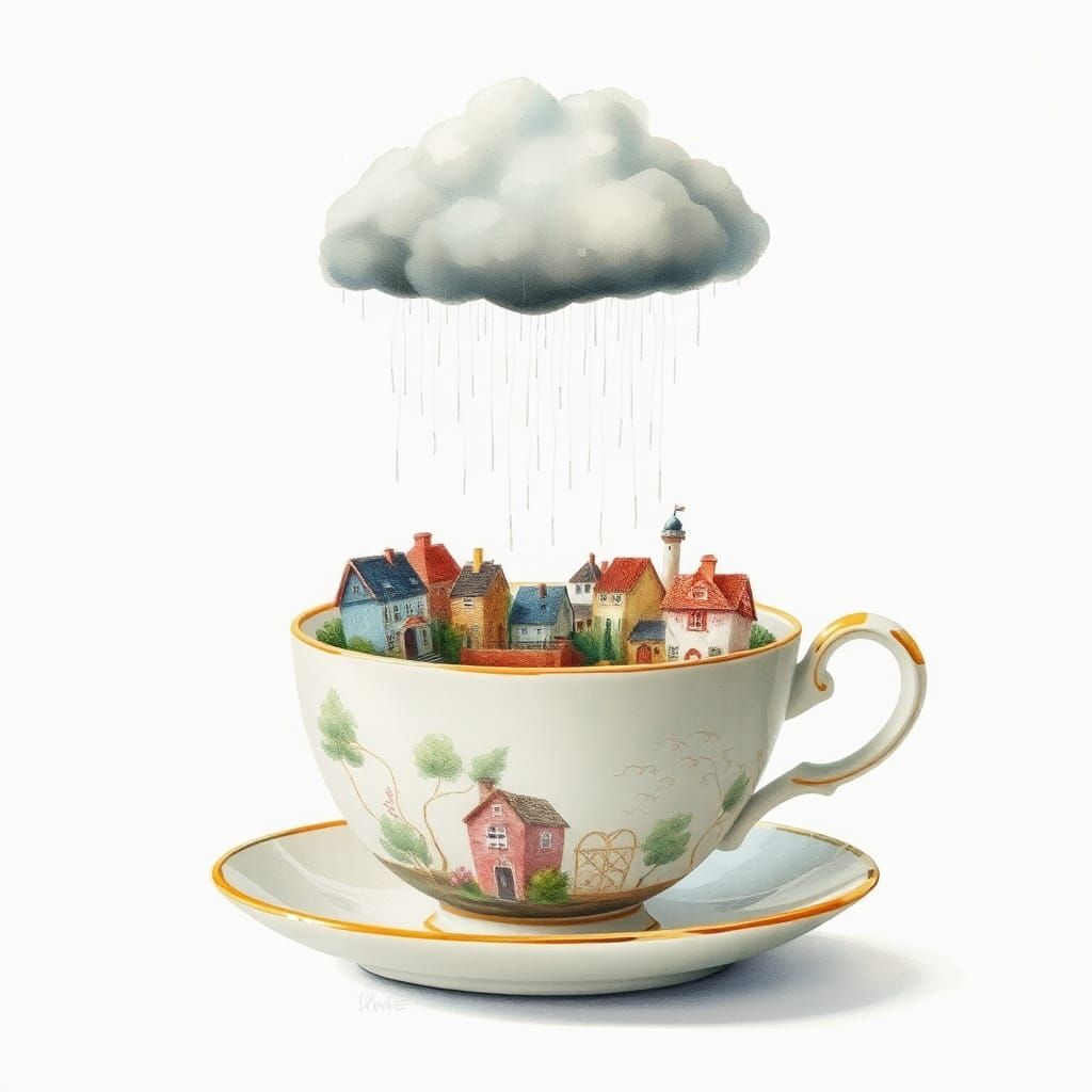 Teacup Townscape: Whimsical Watercolor Illustration