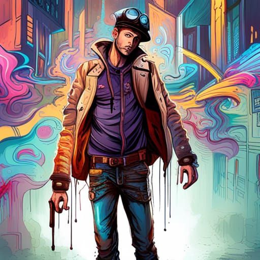 Steampunk Man in Graffiti Art Splash Painting