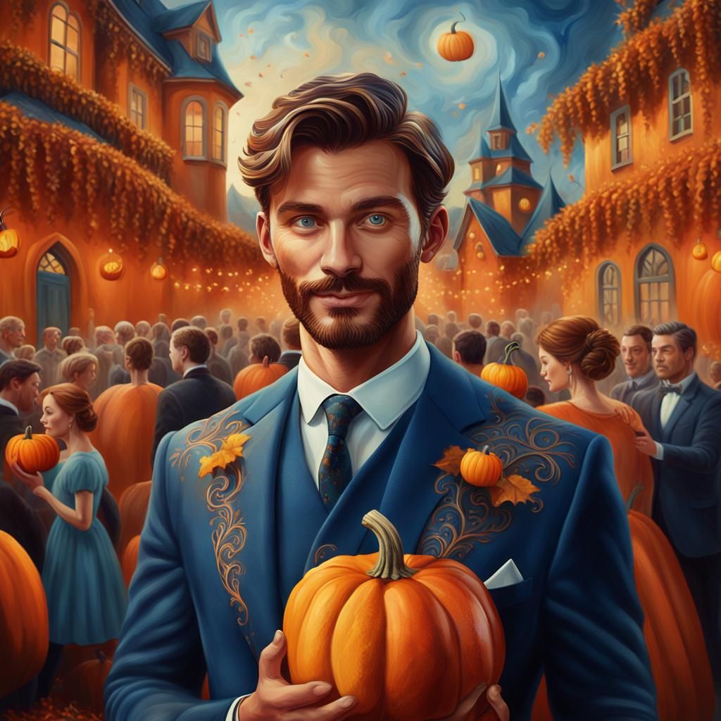 Elegant Man with Pumpkin at Party, Oil Painting Style